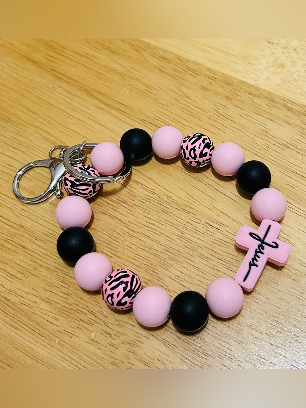 Pink and Black Silicone Beaded Cross Keychain Bracelet